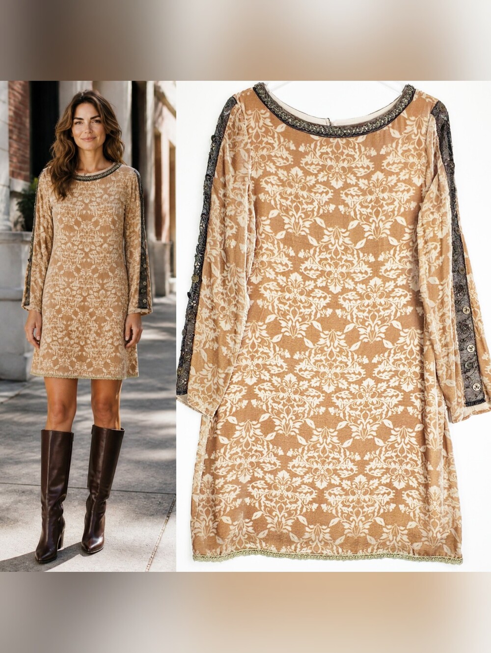 Sundance size 10 shift dress silk blend velvet long sleeves beaded damask golden